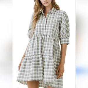 NWT English Factory Plaid Shirt Mini Dress In Green And White Size Medium